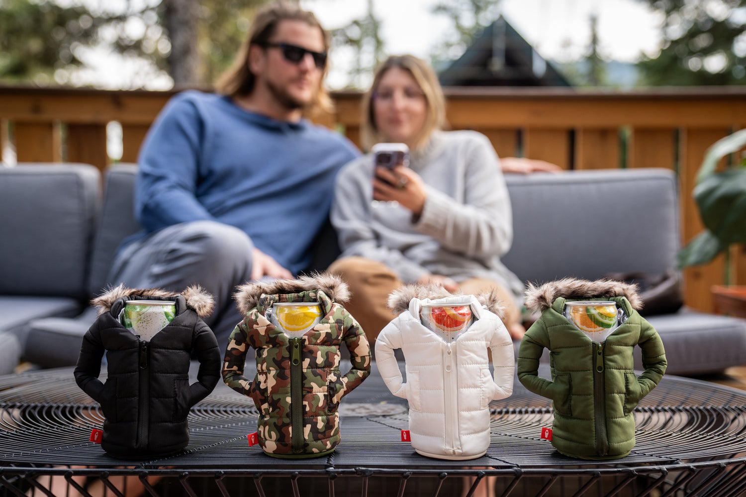 Four Cans Outside in Koozie-Type Puffin Parkas